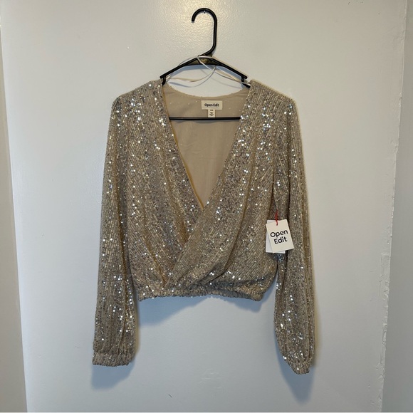 Open Edit sequin cross front long sleeve blouse women's‎ size XXS NWT - Picture 1 of 3